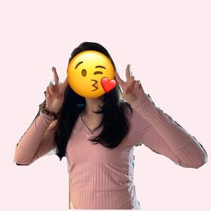 Light Pink Blush Ribbed Long Sleeve V Neck Crop Top w Button Details S